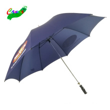 Tecido de náilon repelente de água com logotipo azul marinho guarda-chuvas de golfe, guarda-chuva aberto de mão com tubo de ferro de tecido de náilon